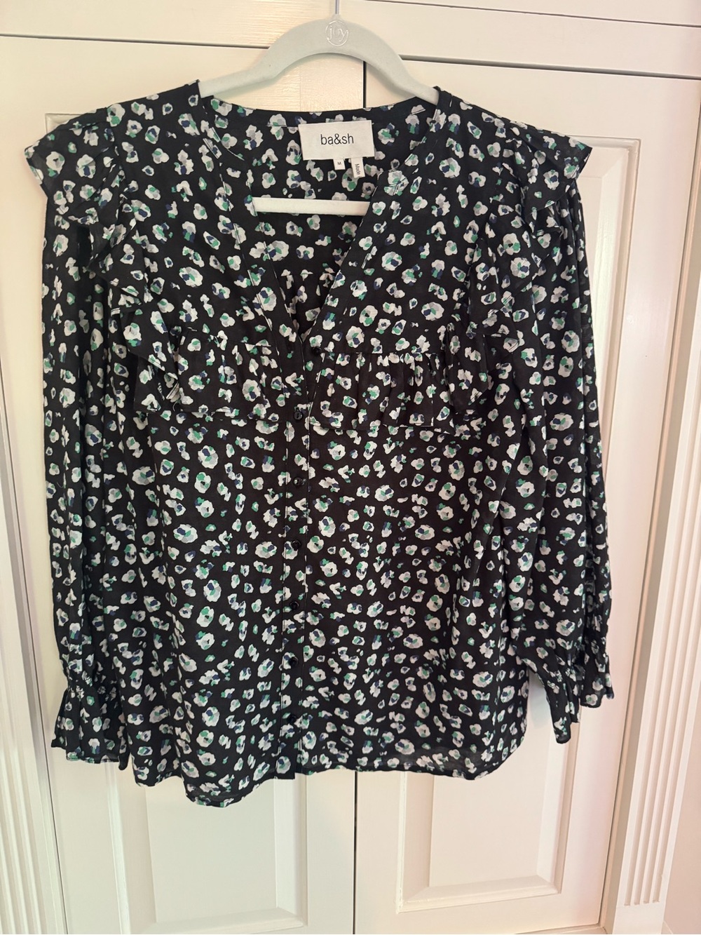 ba&sh Black Floral Leopard Print Long Sleeve Blouse